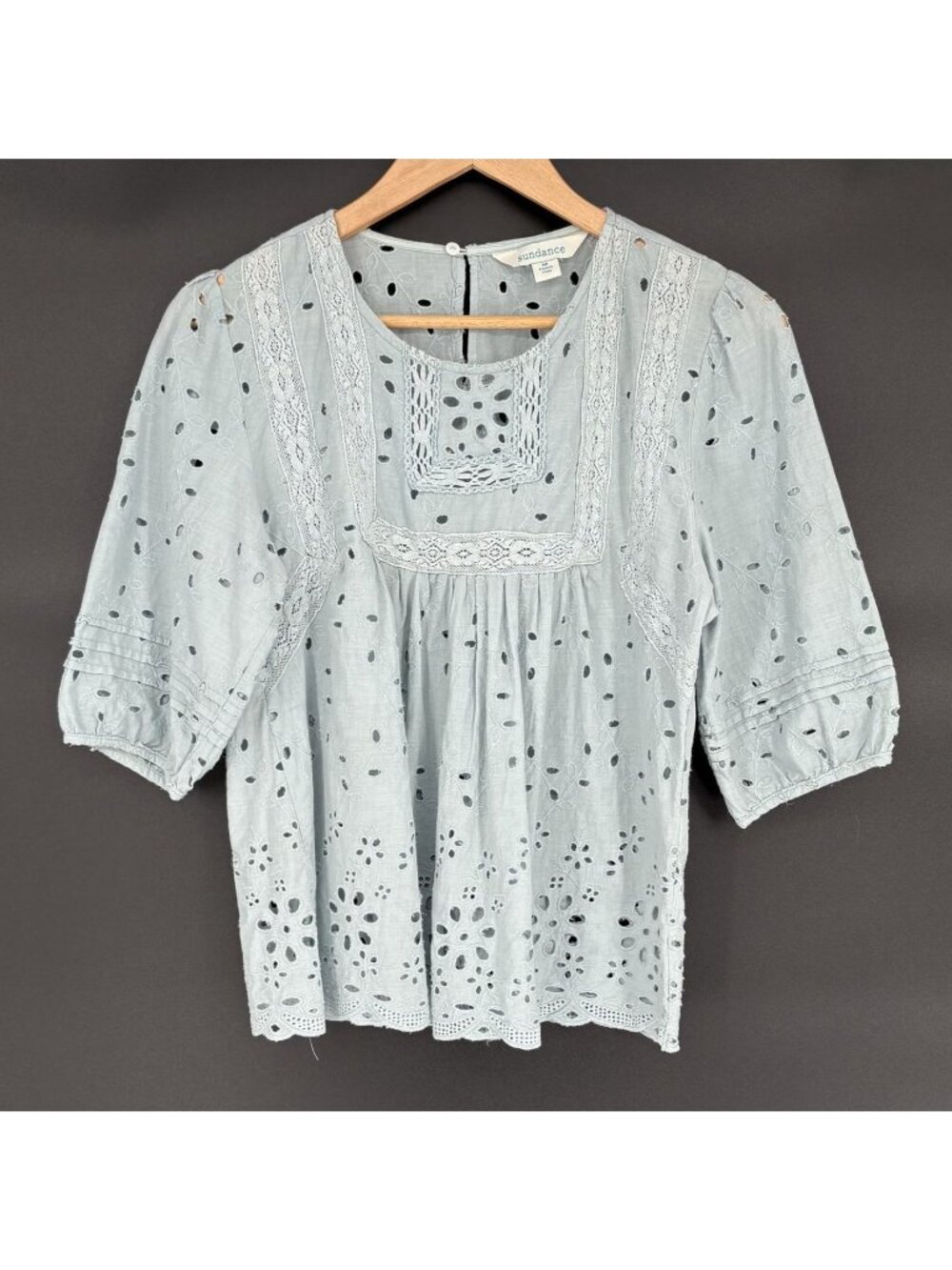 Sundance Eyelet Lace Blouse Womens M Blue Cotton Cottagecore Boho Scalloped Hem